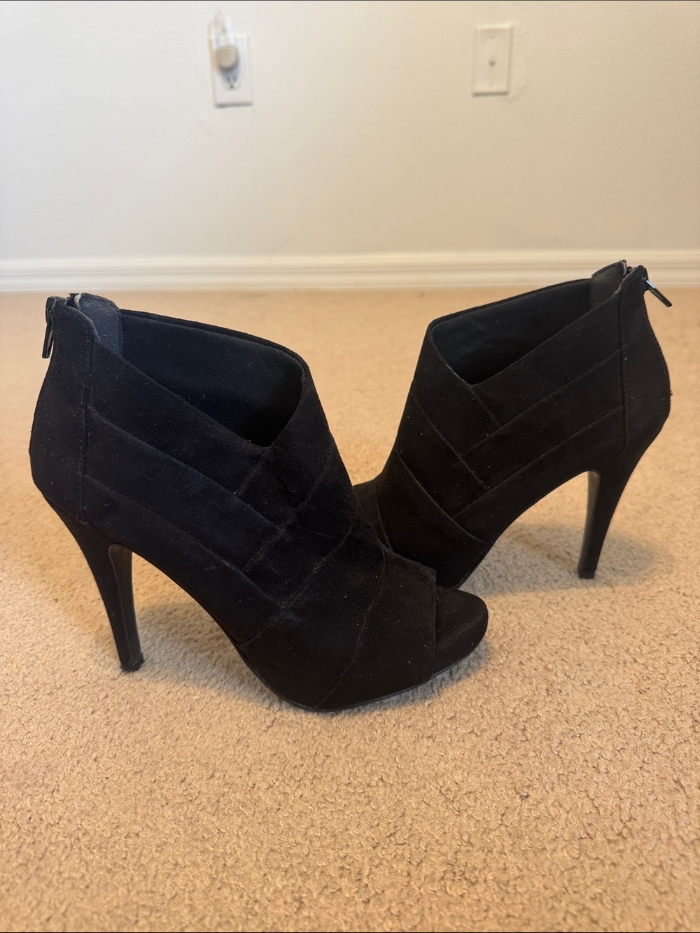 Women's Black Suede Peep-Toe Stiletto Booties